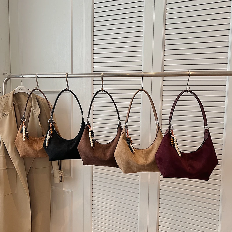 النمط الفرنسي حقيبة كتف تحت الإبط 2025 جديد الخريف الشتاء حقيبة يد خمر جلد الغزال الناعم الإناث الكتف حقيبة كروسبودي المتشرد #4