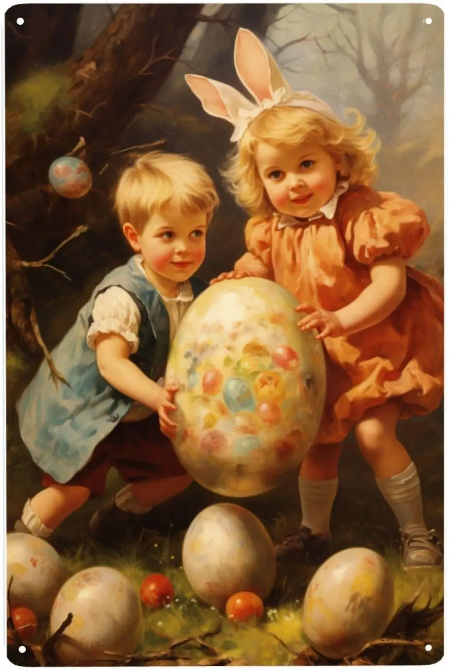 Enchanted Easter Moments Adorable Siblings & Bunny,Nostalgic Metal signs Wall Art,Spring Meadow Scene Tin Sign wall dec goo sign