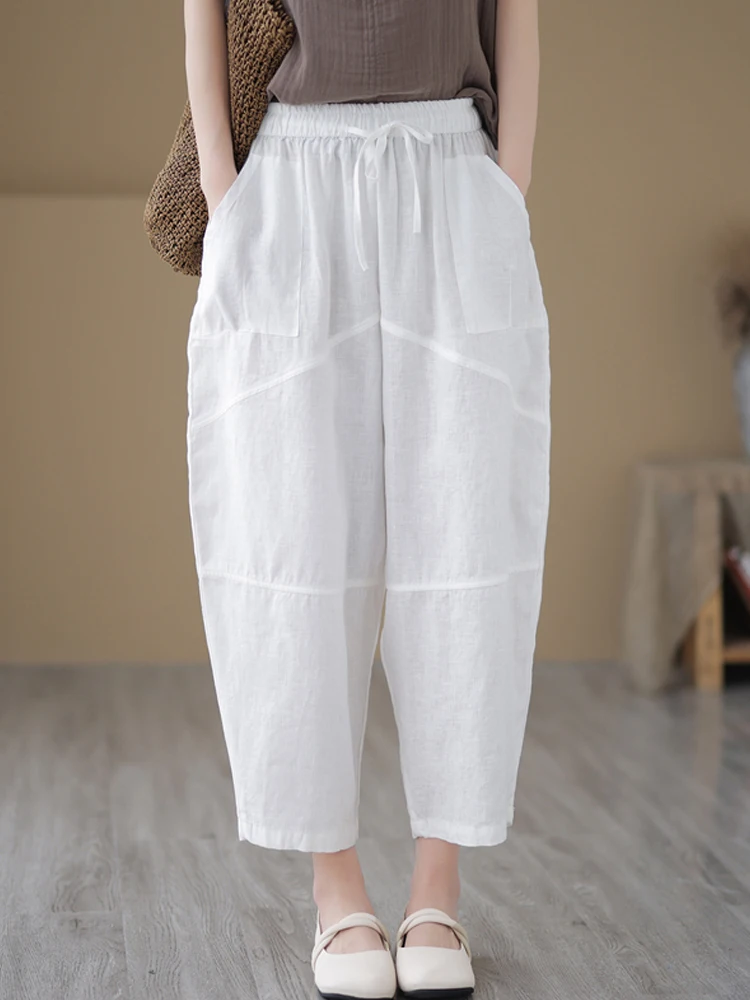 Summer 2023 Elegant Fashion Cotton Harem Pants Women Loose High Waist Ankle-Length Radish Pants Minimalist Patchwork Trousers