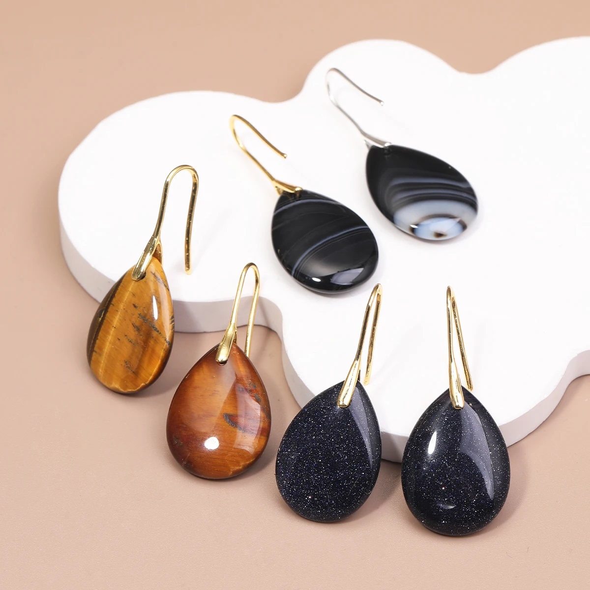 Natural Stone Pendant Women's Teardrop Earrings Elegant Gem Jewelry Creative Gift Black Obsidian Amethyst Rose Quartz Earrings