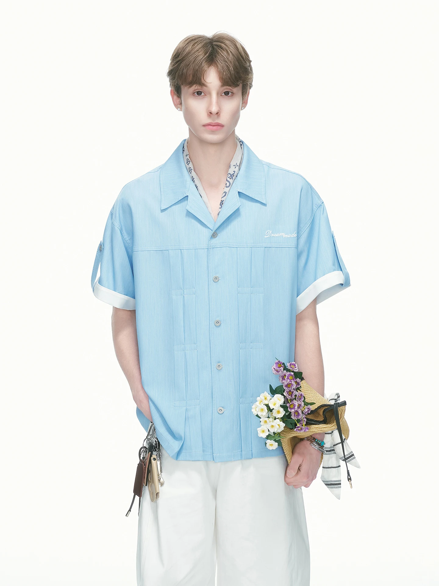 American Style Men's Short Sleeve Denim Work Shirt Summer Splicing Casual Couple Half Sleeve Shirt Loose Fit Breathable Polye...