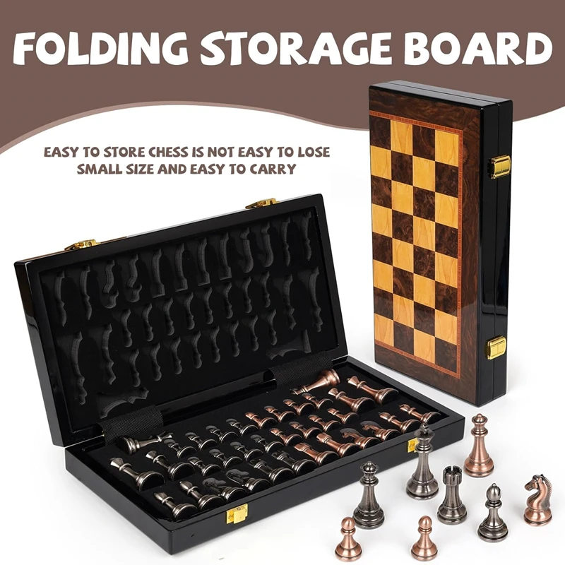 New metal chess set 38cm/15inch folding chessboard lacquered metal zinc alloy chess pieces, including 2 additional queens