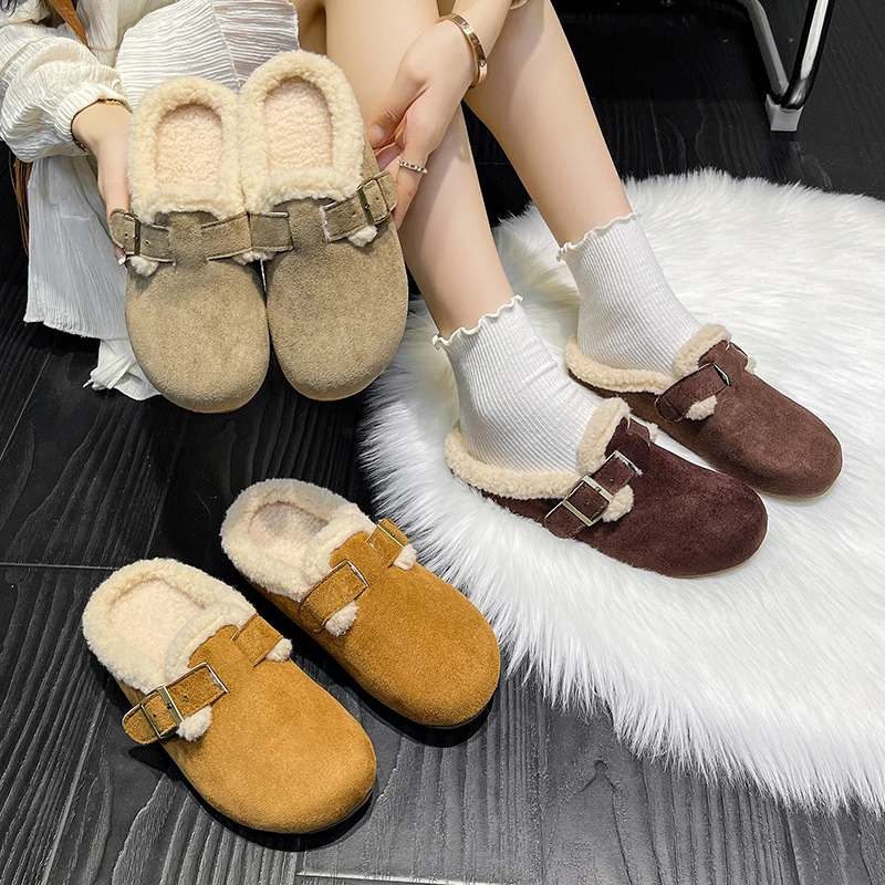 Mit runder Zehenpartie, rutschfest, warme und lässige Baumwollhausschuhe für Damen im Winter, modische neue, elegante, flache Baumwollhausschuhe
