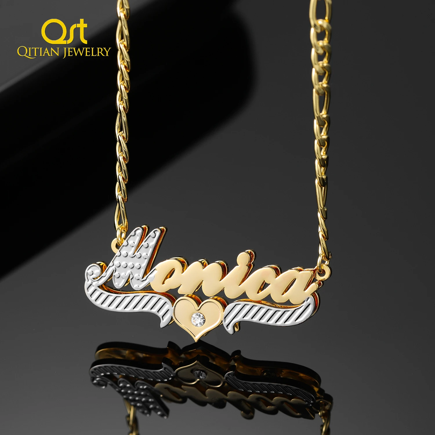 Qitian Custom Double Plate Two Tone Heart Name Necklace Personalized Crystal Name Necklace Stainless Steel Charm Jewelry  Women