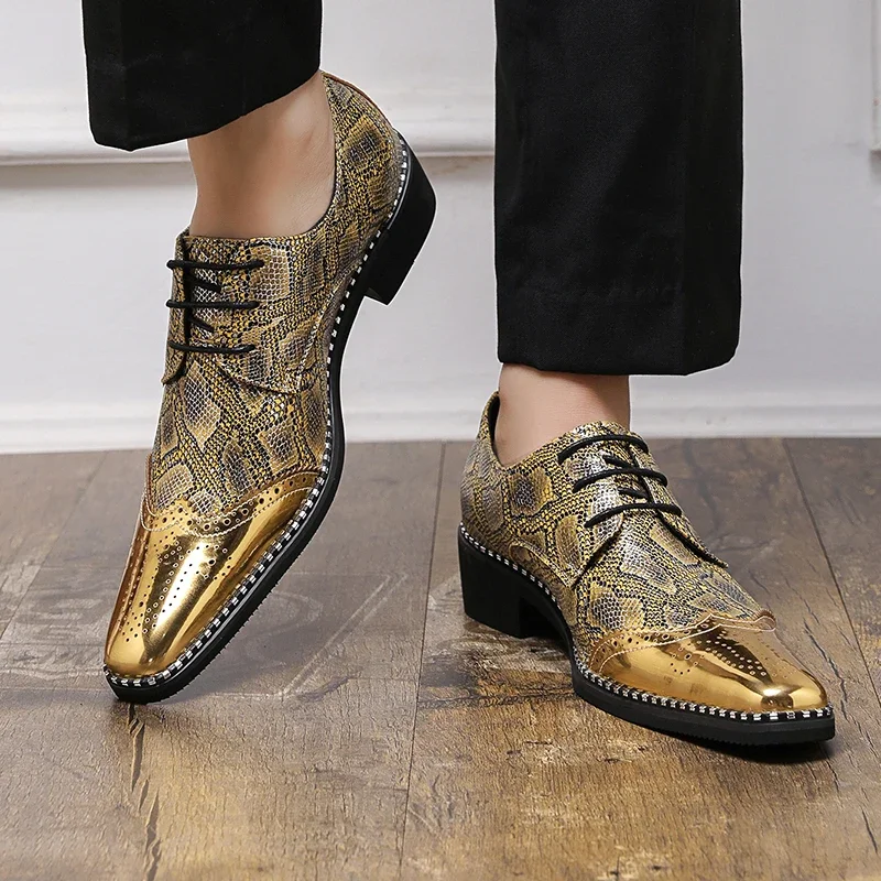 High-heel Luxury Man Golden Shoes Size 39-48 Fashion Snake Print Dress Shoes Men Pointed Toe Glitter Leather Party Shoes for Men