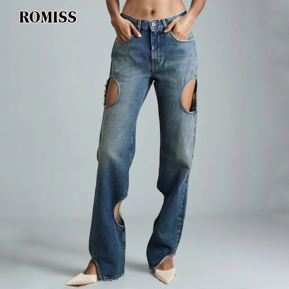 

ROMISS Pure Color Hollow Stitching Pocket Denim Trousers Lady High Waisted Stitching Button Loose Wide -Leg Pants Lady