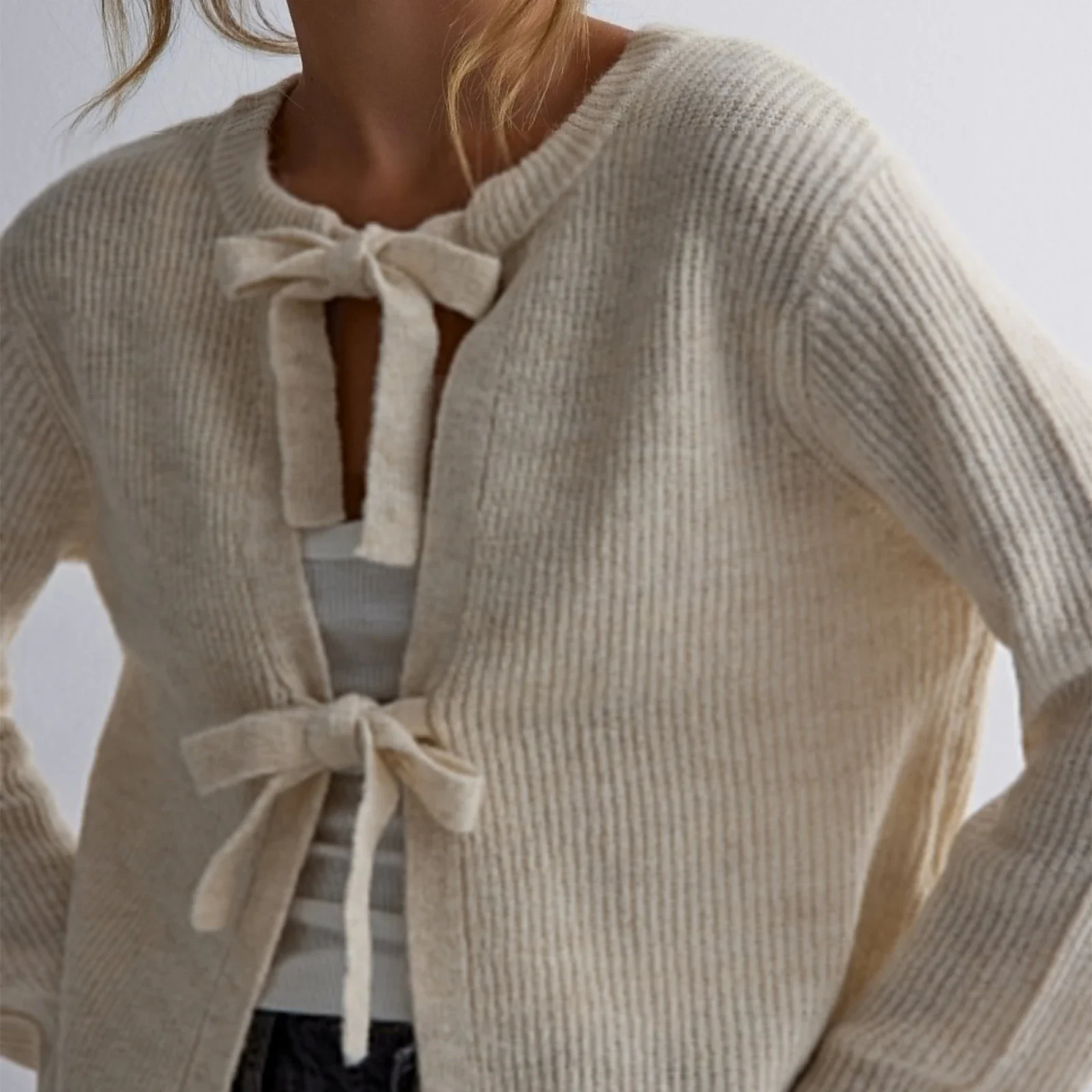 Women's Knit Sweater Long Sleeve Crew Neck Bow Tie Front Solid Color Cardigan Hollow Out Sweater Winter Fall Streetwear