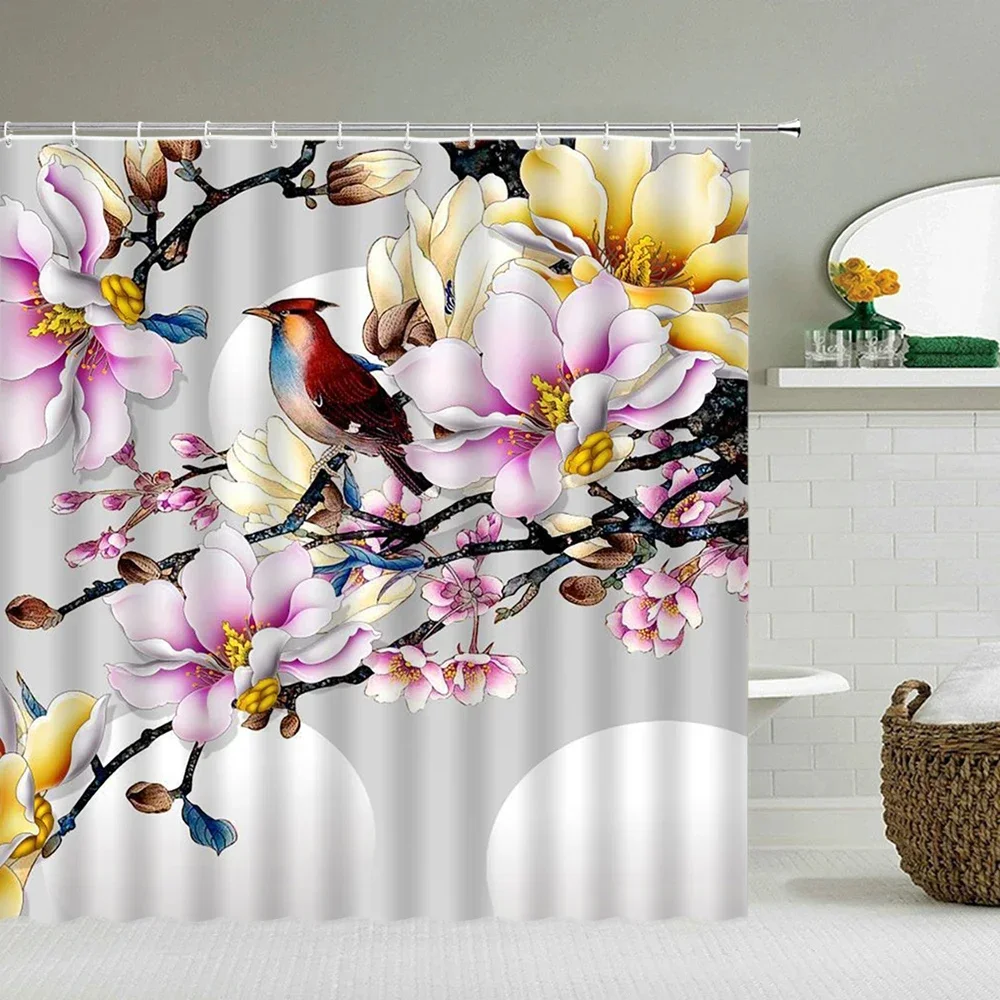 Flowers and birds Shower curtain Polyester Waterproof Bathroom curtain Bathroom mat Home Decor