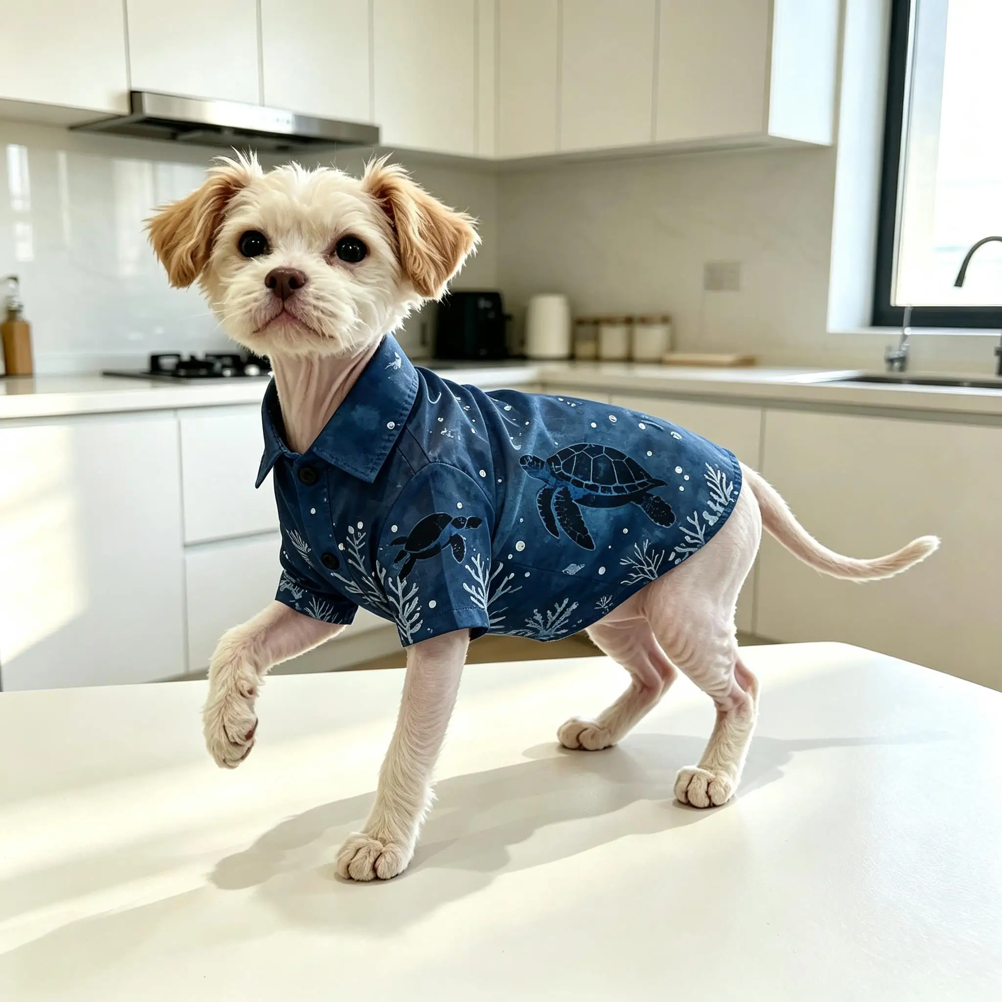 Camisa para perro, diseño de tortuga marina y coral, de color azul marino, transpirable, con botones, para perros pequeños y medianos, con un diseño adorable de temática marina, ideal para el uso diario.