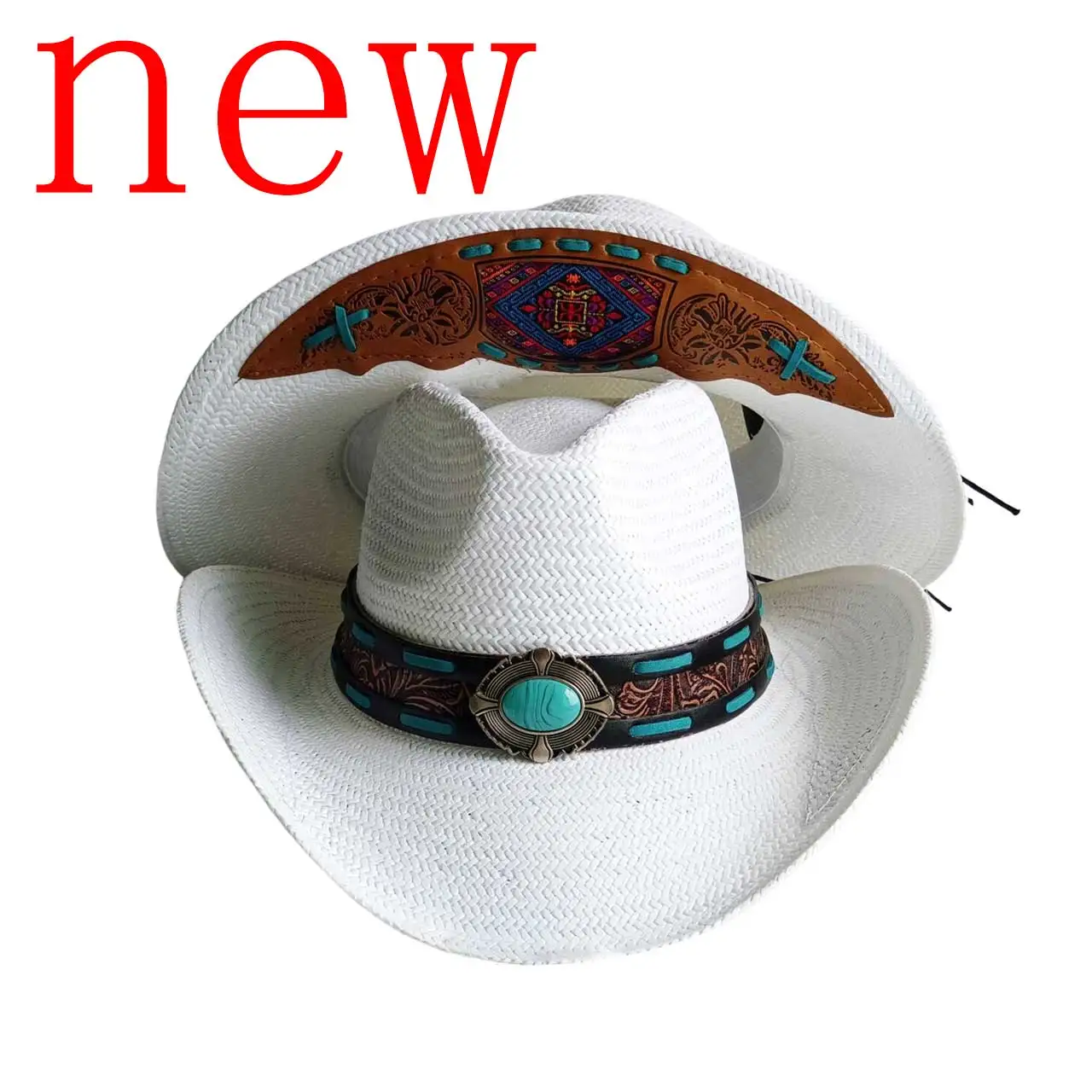 2026 New western cowboy hat Turquoise Leather Accessories with a studs and pendant Ranch Hat cowboy hat kapelusz kowbojski