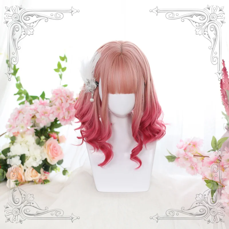 High Quality Lolita Pink Air Bangs Hair Tail Red Gradual Change Roman Curly Hair Short Wig Cosplay Party