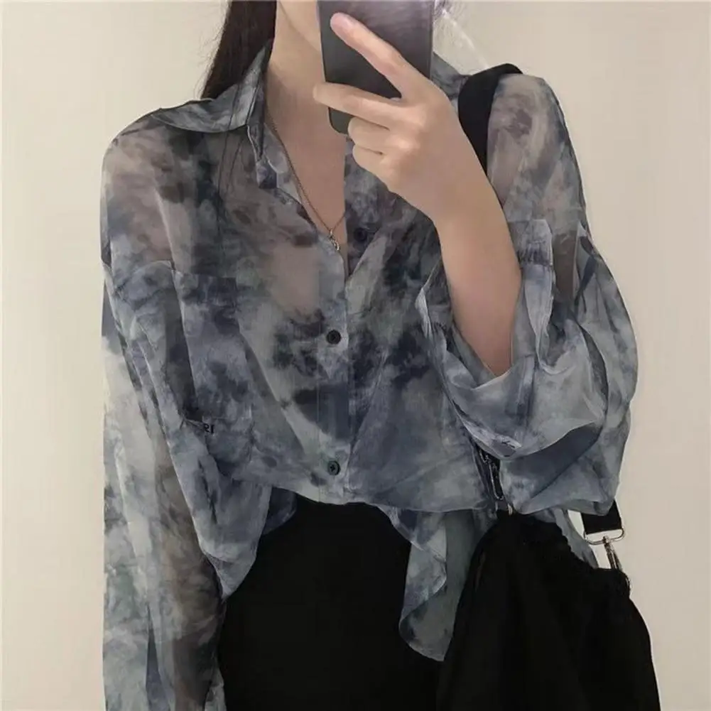 

Loose Fit Jacket Tie-dye Print Chiffon Shirt Coat Stylish Long Sleeve Sun Protection Top for Women Loose Fit Single Breasted