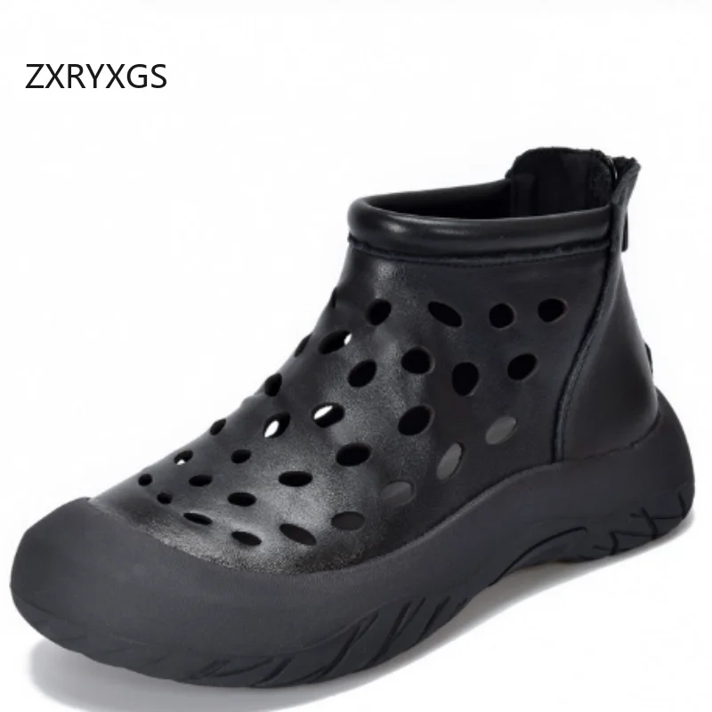

ZXRYXGS Premium Full Genuine Leather Hollow Boots Breathable Sandals 2025 Retro Style Casual Summer Boots Elevator Platform Tide