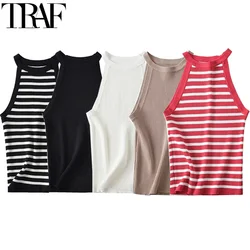 TRAF Vests Women Crop Stripe Knitted Vest Off Shoulder Red Black White Vest Woman Casual Sleeveless Short Sweaters Knit Vest Top