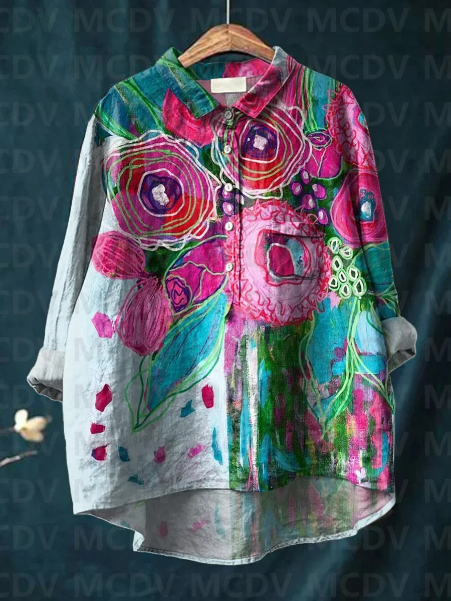 Vintage Lovely Floral Art Print Casual And Linen Shirt