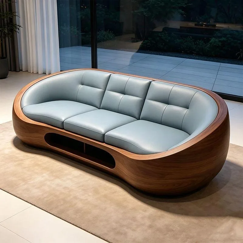Black walnut Italian light luxury curved sofa, large and small apartment leather household sofa