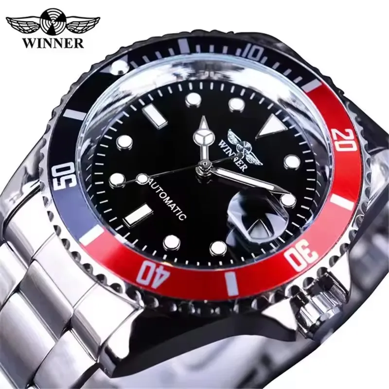 Winner Men's Automatic Mechanical Watch Waterproof Full Stainless Steel Strap Calendar Luminous Casual Business Watches For Men