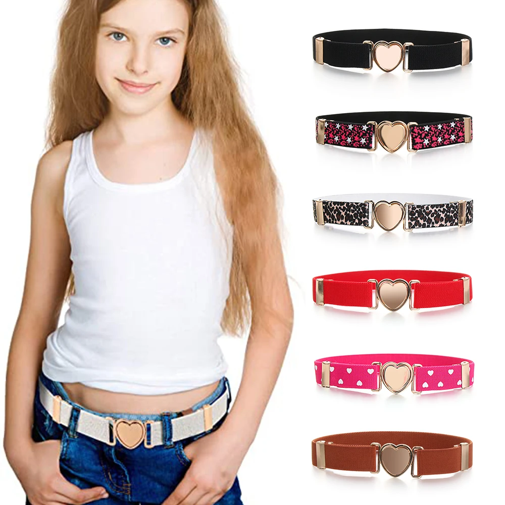 Kids Fashion Elastic Belts Girl Stretch Waist Belt Adjustable Heart Belt Uniform Belt for Teen Kids Girls Dresses