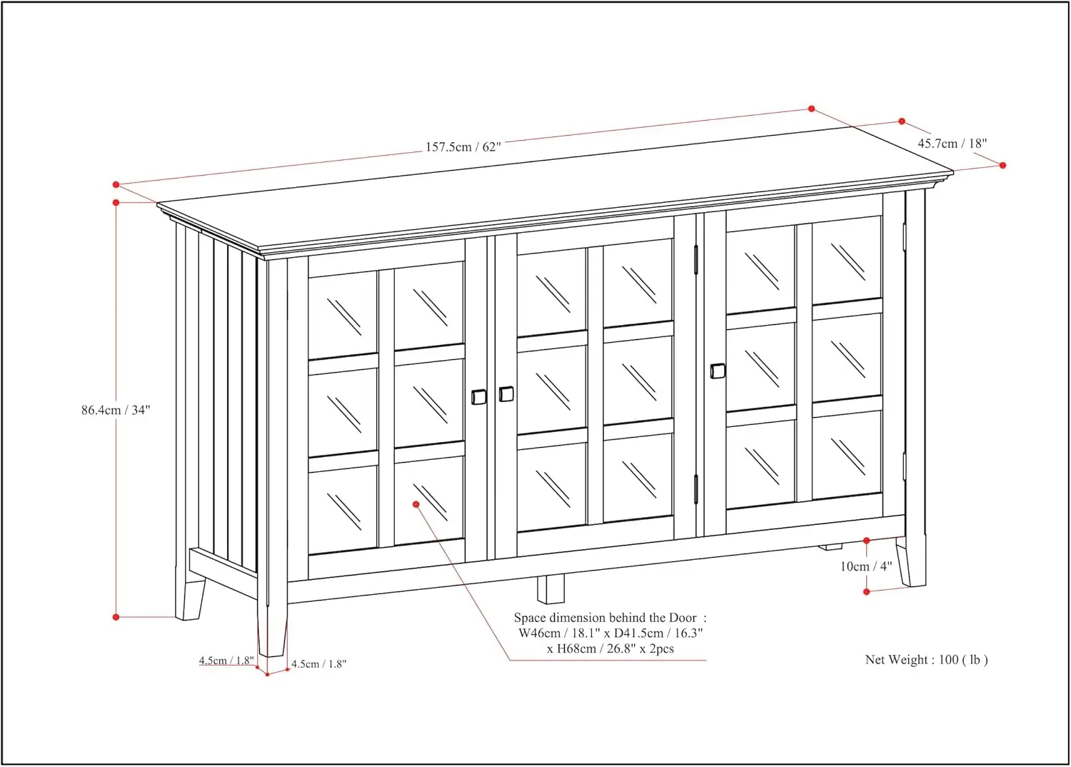 Armoire de rangement de 62 pouces de large en blanc, avec 3 portes en verre du Guatemala, 3 étagères réglables