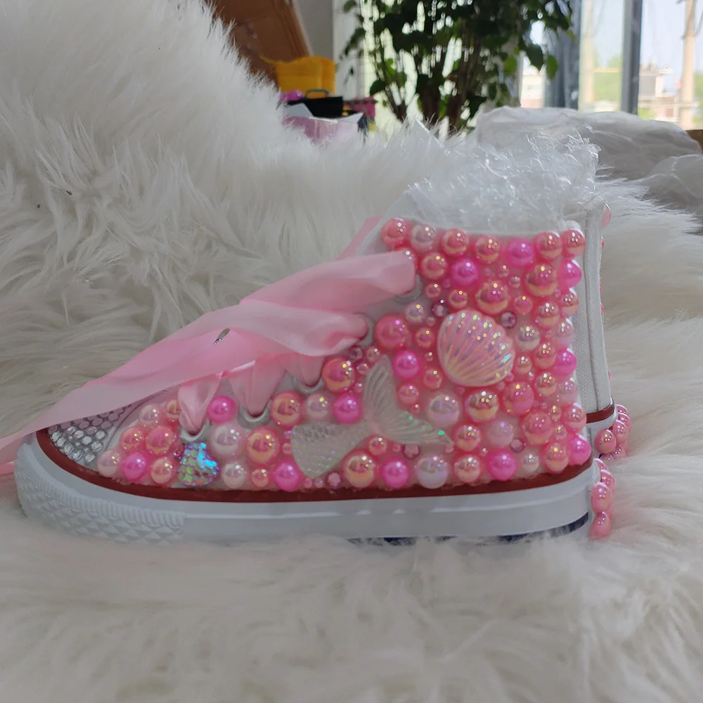 Handmade Rhinestone Bling Girls Womens Kids And Mother Candy Canvas Shoes Pearls Sneakers For Birthday Party Christmas gift