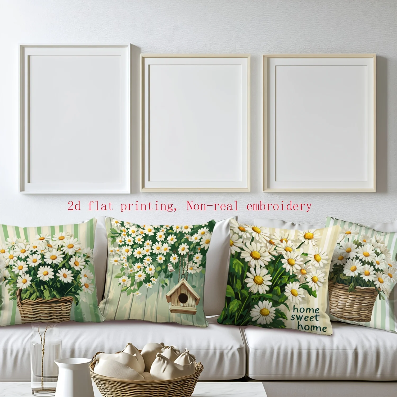Juego  4 fundas  almohada  primavera con estampado plano 2D, sin bordado real, con patrón  girasoles y cabaña, 40.64 x 4