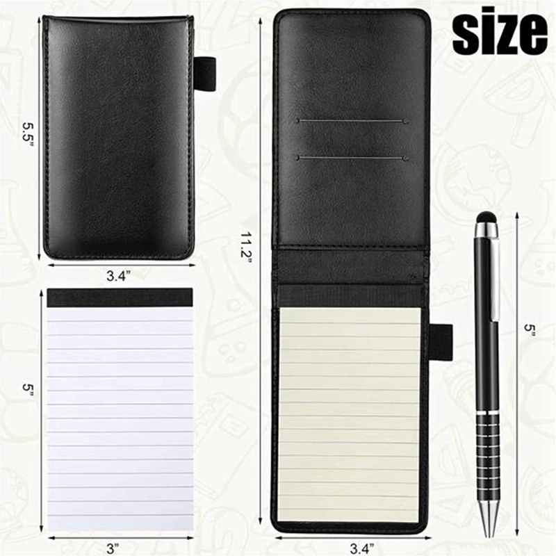 Mini Pocket Notepad Set PU Business Notebook Horizontal Notepad With 50 Lined Sheets For Office And School,Brown+Black