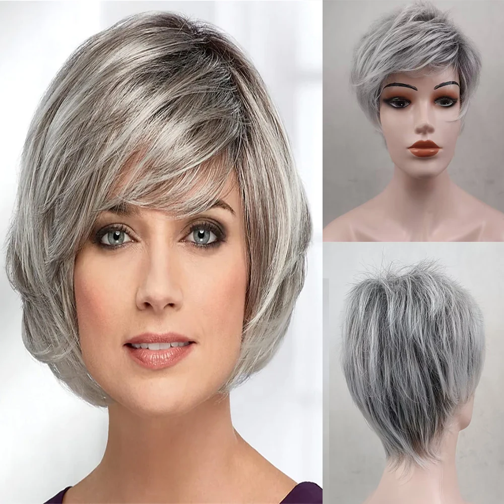 HAIRJOY Synthetic Hair  Women Short Straight Ombre Bob Wig with Bangs Blonde Silver Brown  Red