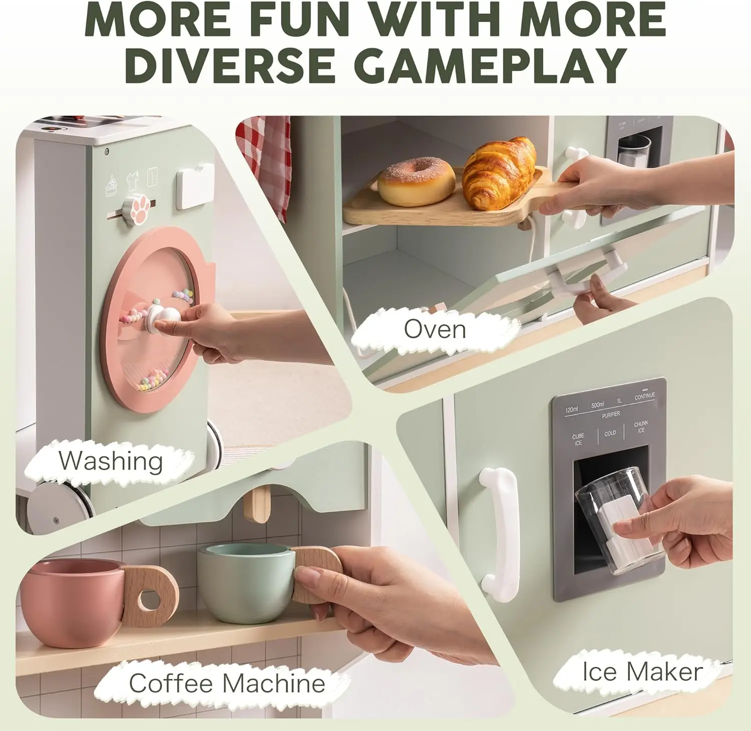 Wooden Play Kitchen Set for Kids Toddlers, Pretend Kitchen Playset with BBQ Grill, Ice Maker, Coffee Machine, and Accessories, T