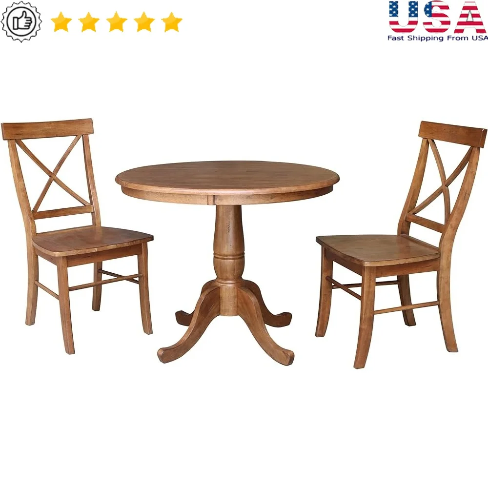 

36 Inch Round Table with 2 X-Back Dining Chairs Solid Wood Pedestal Set Kitchen and Dining Space