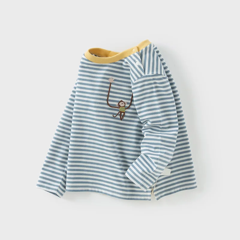 Dave Bella Children's Long-Sleeved Boys Girls Tshirt 2025 New Blue Striped T-Shirt Cotton T-Shirt Casual Wear DB1250458