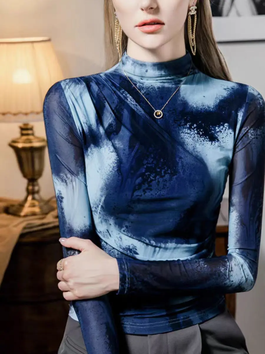 Size S-3XL New Vague Printing Mesh T-shirt Women's Half High-Neck Long Sleeve Stretch Light Fabric Folds Tees Tops