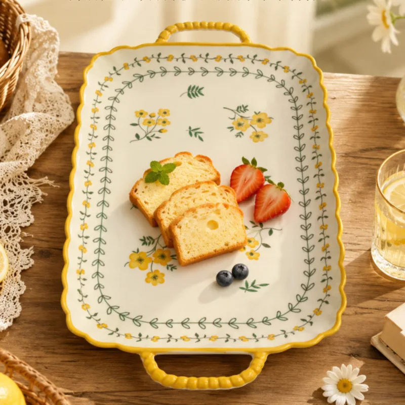 32cm Ceramic Serving Tray Yellow Flower Rectangular Plate Double Handle Dessert Fruit Cake Dish Kitchen Tableware Snack Plate