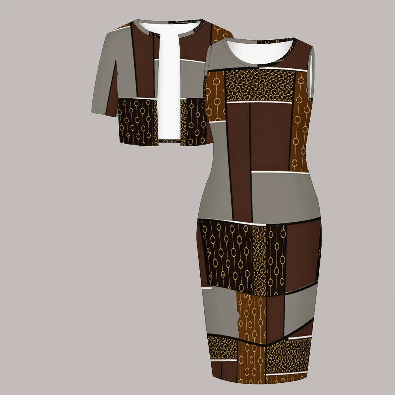 Plus Size Women's Suit Fashion Top Printed Vest Dress Elegant Wedding Guest Attire Round-neck Two-piece Set Short-sleeved Coat