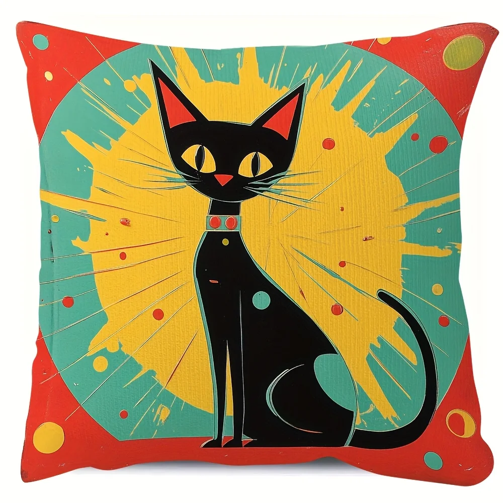 Retro Atomic Cat Pillow Cover Black Feline Turquoise Yellow Red 18x18 Inch Square Mid-Century Modern Home Decor
