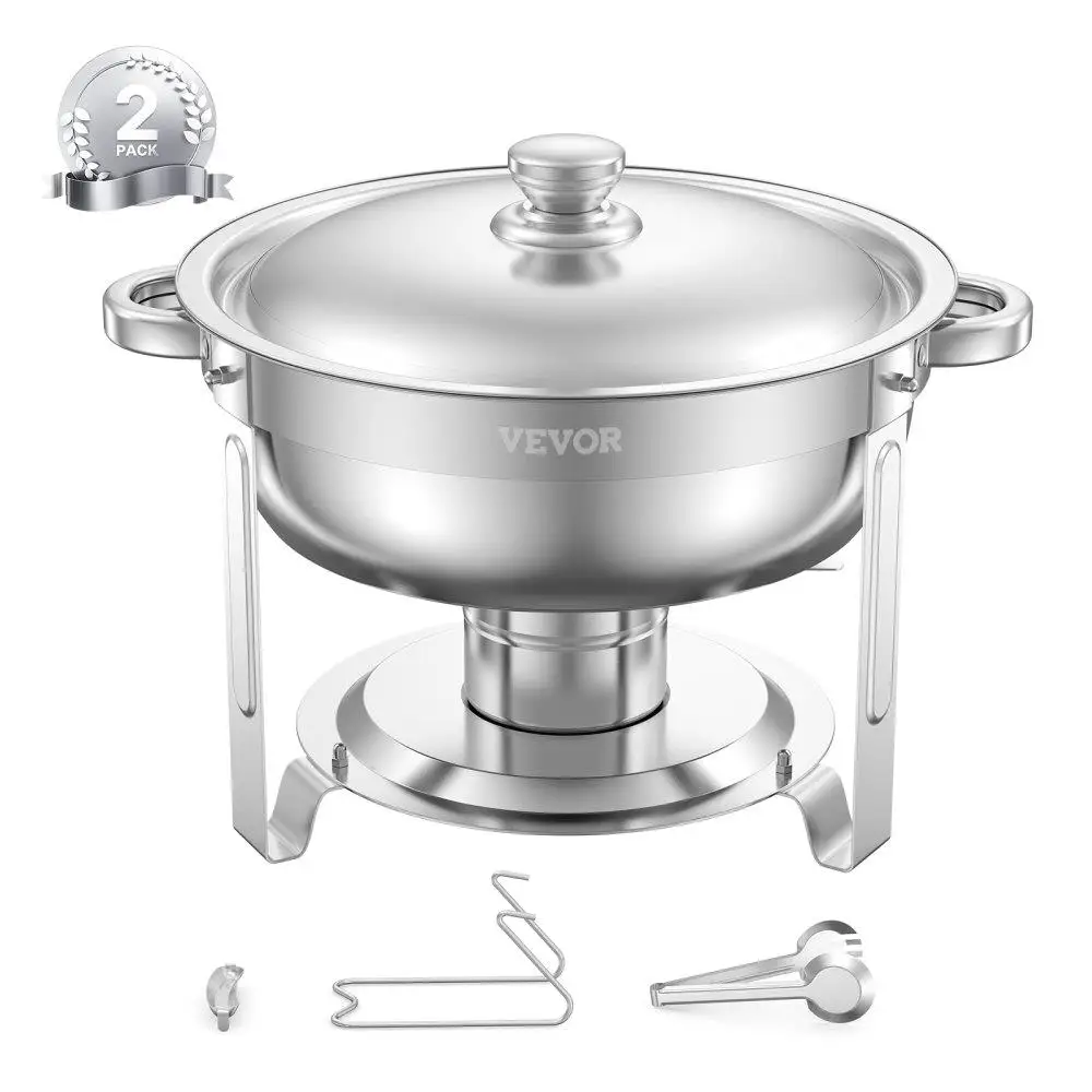 

2 Pack 5 Qt Round Chafing Dish Buffet Set Full Size Stainless Steel Silver