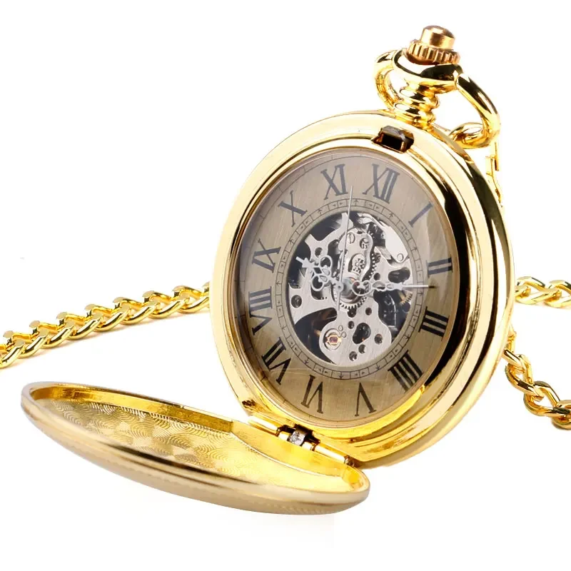 Luxury Golden Shield Case Men Women Automatic Mechanical Pocket Watch Antique Roman Number Dial Clock with Pendant Chain