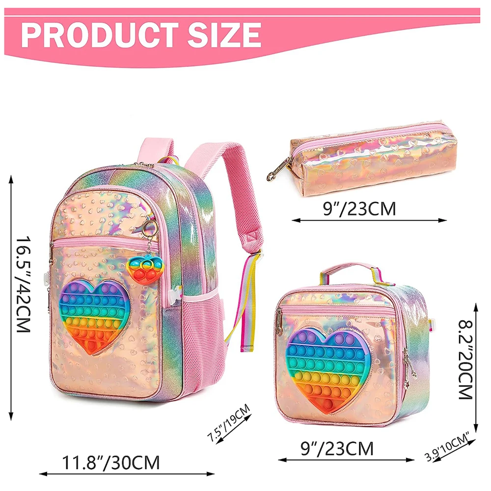 3PCS Nowy plecak szkolny dla dziewczynek Cute Love mochilas for Elementary School Bags with Lunch Box Kids Pink Backpack Set for Girls