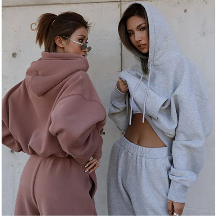 Frauen Sport zweiteilige Sets Hoodie Hose einfarbige Kapuzen hose Outfits Sweatshirt Anzug Herbst Winter Trainings anzug