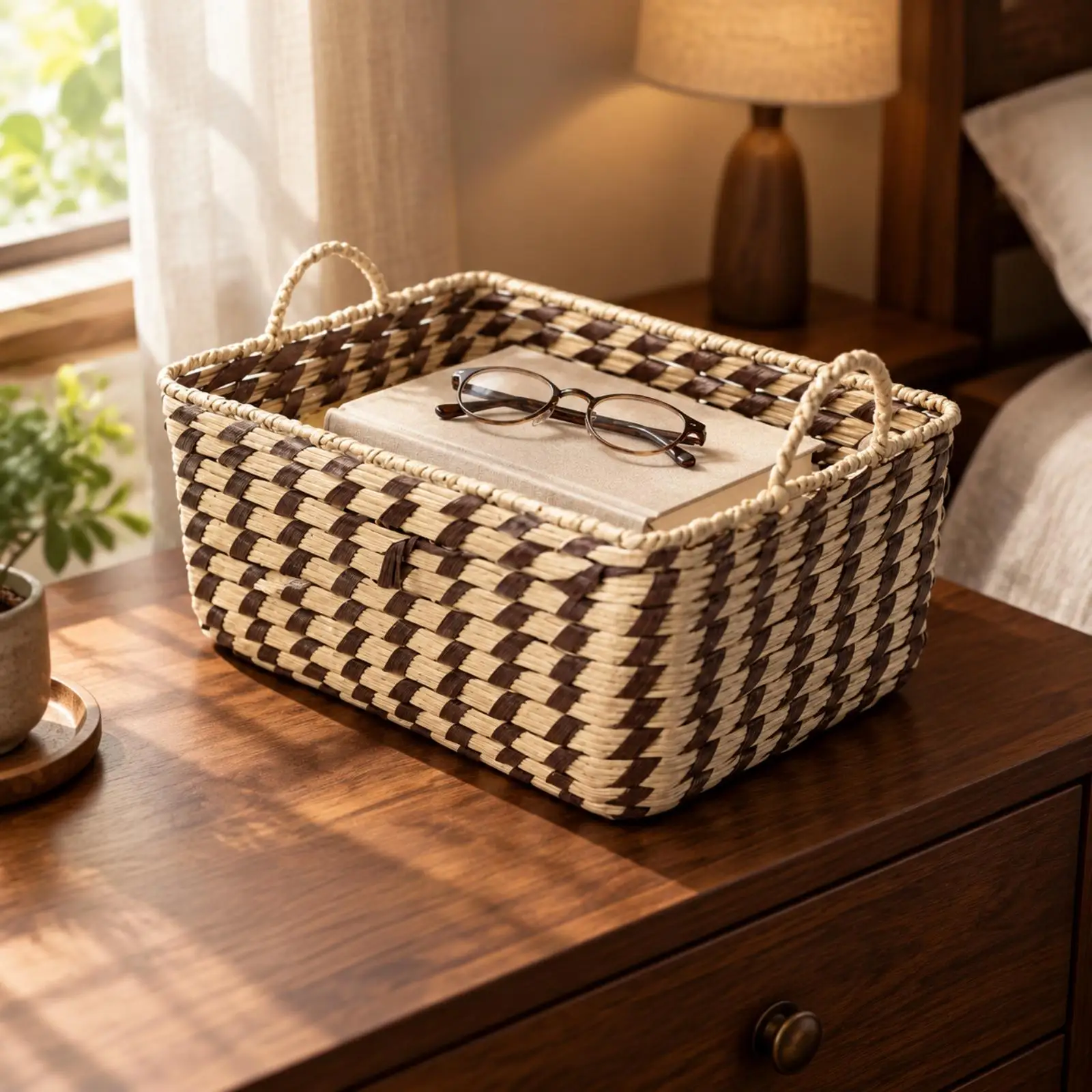 Checkered Handwoven Paper Rope Basket with Handle Versatile Paper Rope Storage Basket Organizing Bin Sturdy Decorative