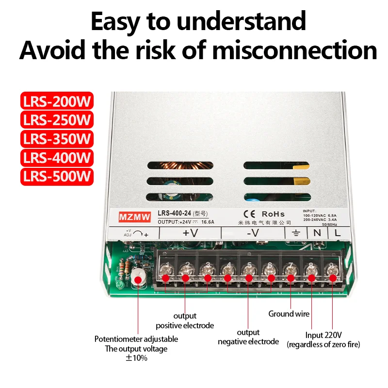 LRS Series Switching Power Supply 200W 250W 350W 400W 450W 500W 110V 220V AC/DC 12V 15V 24V 36V 48V Industrial Ultra-thin SMPS