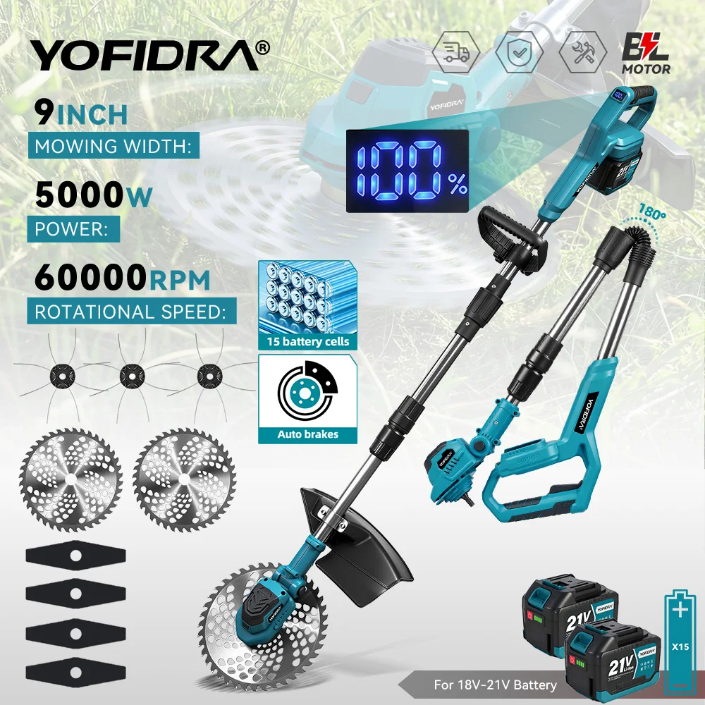 YOFIDRA Bürstenloser 9-Zoll-Elektro-Rasenmäher, kabelloser Rasentrimmer, verstellbares Gartenschneidewerkzeug für Makita 21V Akku