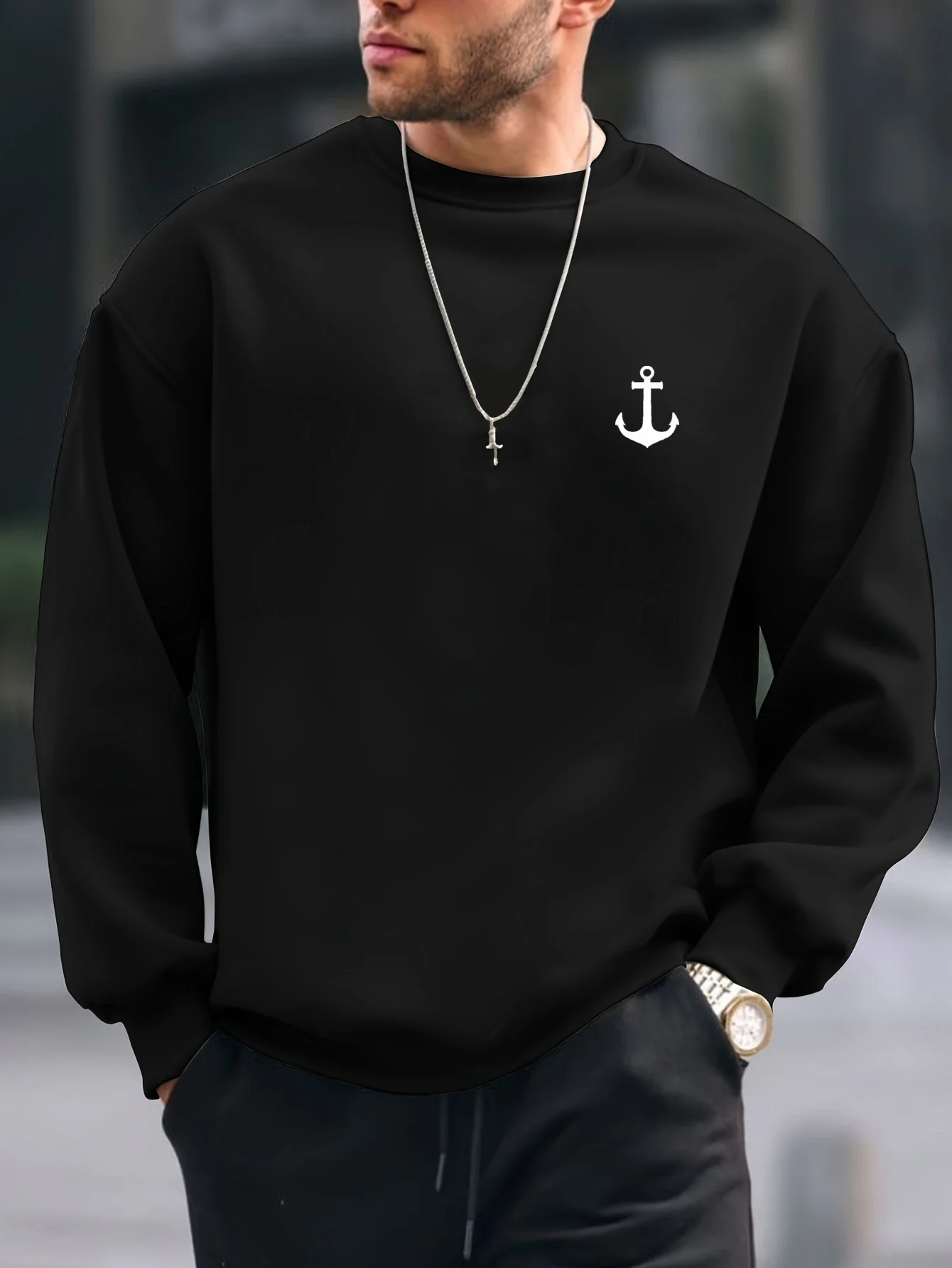 Men's autumn and winter casual fashion loose boat anchor pattern printed fleece pullover long sleeved round neck sweatshirt