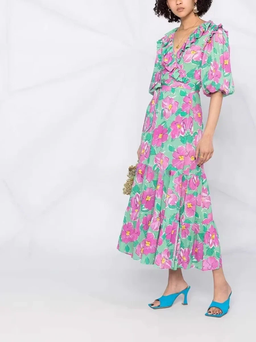 VGH Fashion Traval Printing Plus Size Dress for Women V Neck with Ruffles Puff Sleeve High Waist Pleated Midi Dresses Female New