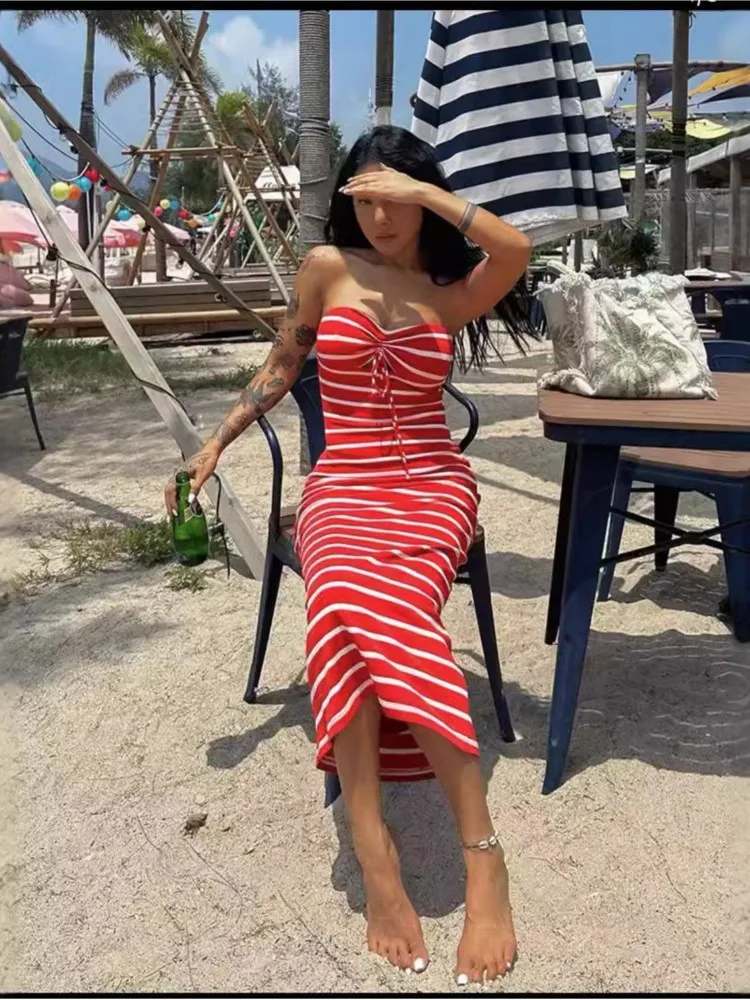 Summer Dresses Package Hip Dress Striped Chest Wrap Vestidos Holiday Vacation Slim Drawstring Beachwear Fresh And Sweet Casual