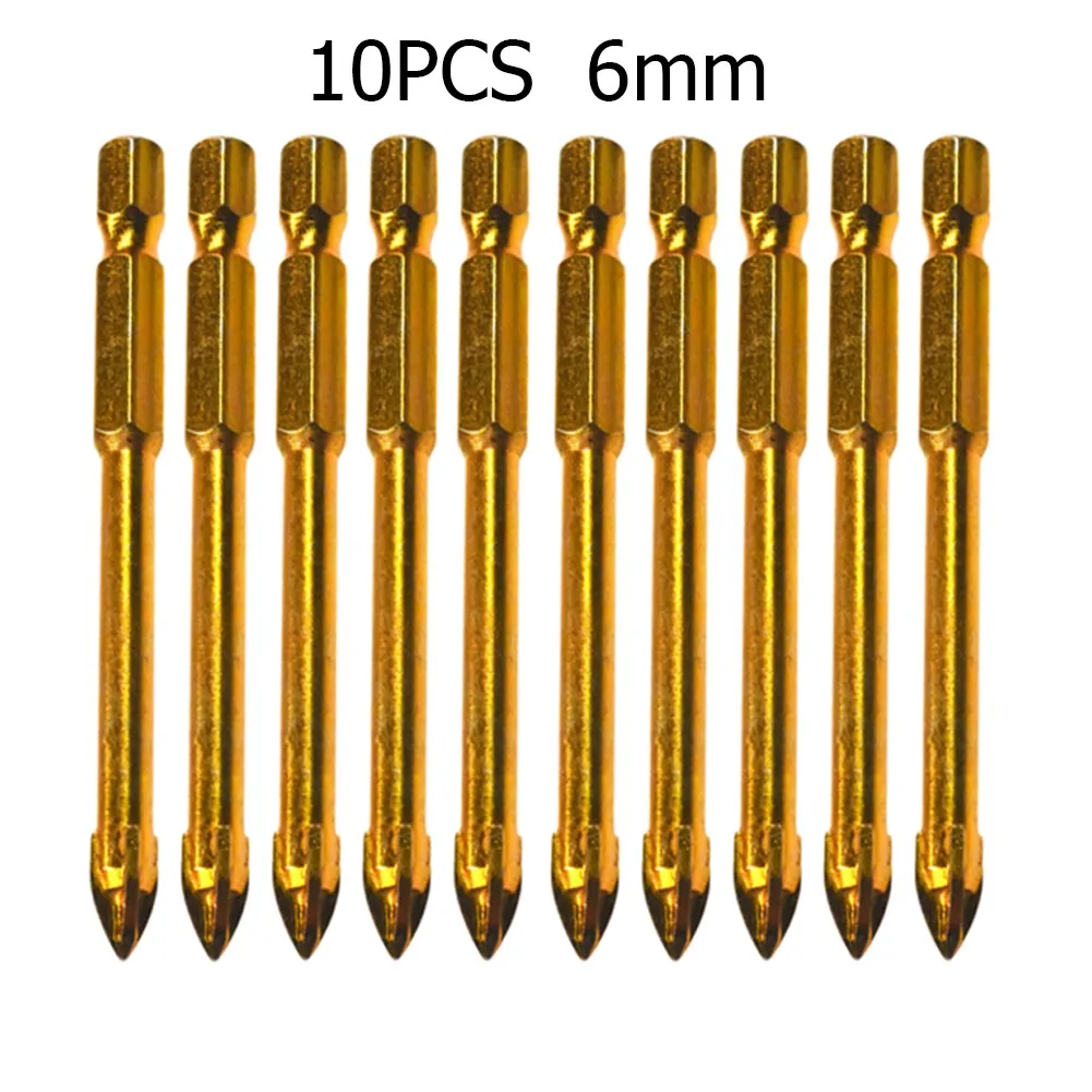 10 Uds. Broca de 6/8mm, azulejo de cerámica de titanio, cabeza de lanza de vidrio y mármol, vástago hexagonal, equipo de taller, piezas de herramientas eléctricas, brocas