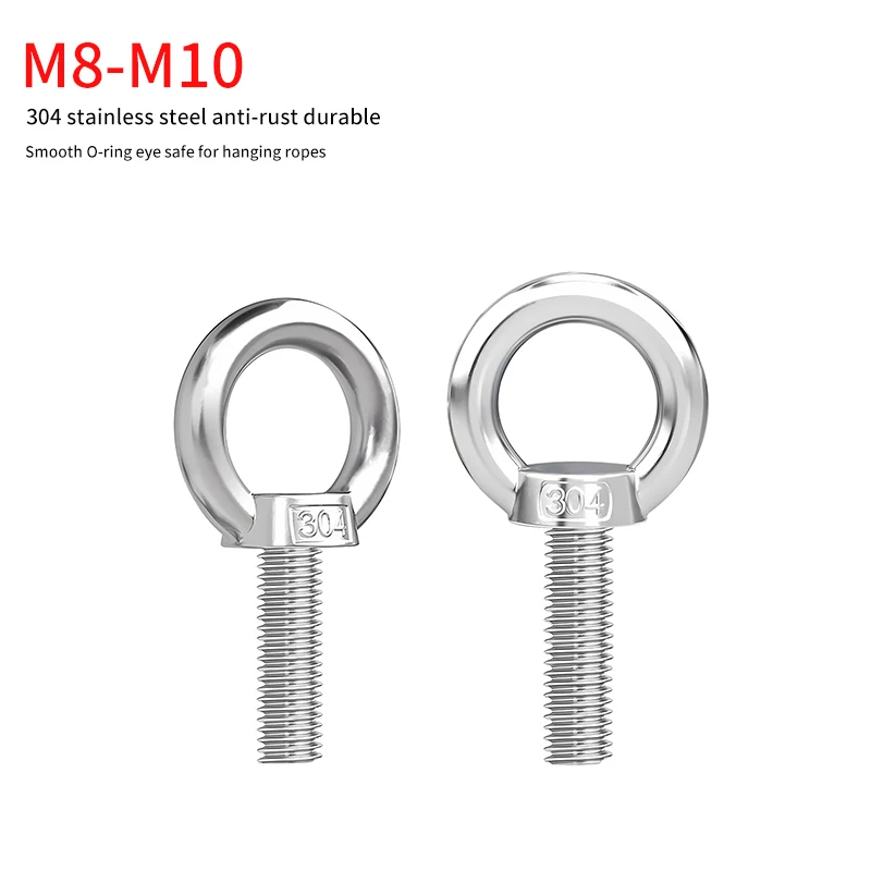 Extended O Ring Lifting Eye Bolt & Nut Set, 304 Stainless Steel Long Thread Eye Screws M8 M10 Household Hanging Hardware Fitting