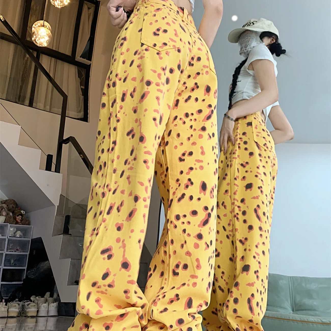 

Джинсы женские с высокой талией с леопардовым принтом, молния длиной до пола, прямые брюки в европейском стиле, винтажные модные уличные повседневные OL