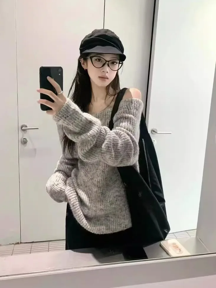 

Korean Sle Lazy Sle One oulder Sweater Women's Autumn Winter New High-End Soft Cozy Knitted irt Loose Fit Comfortable