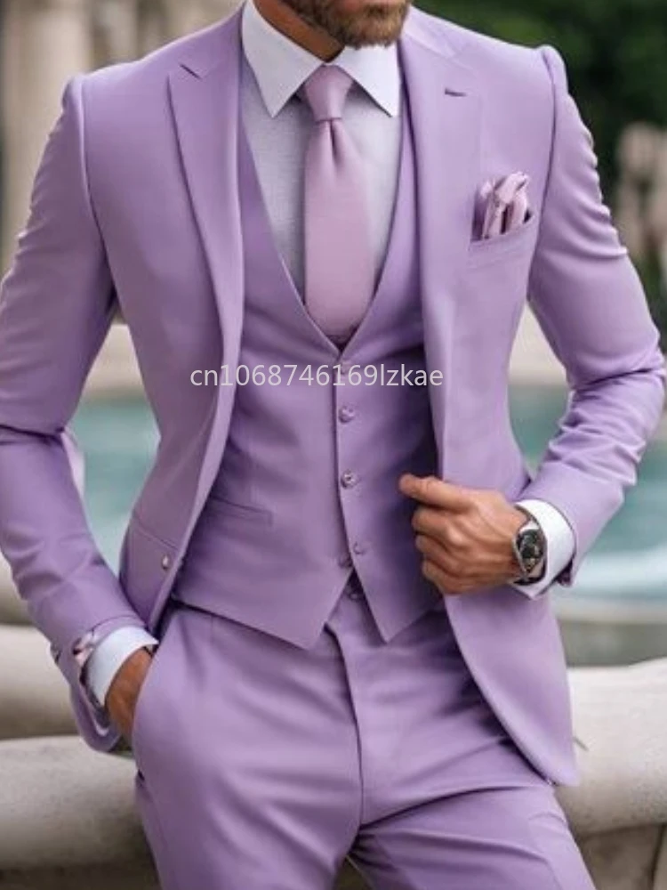 Light Purple  3 Piece Suits for Men Classic Formal Elegant Male Wedding Groomsman Tuxedos  Blazer Vest Pants