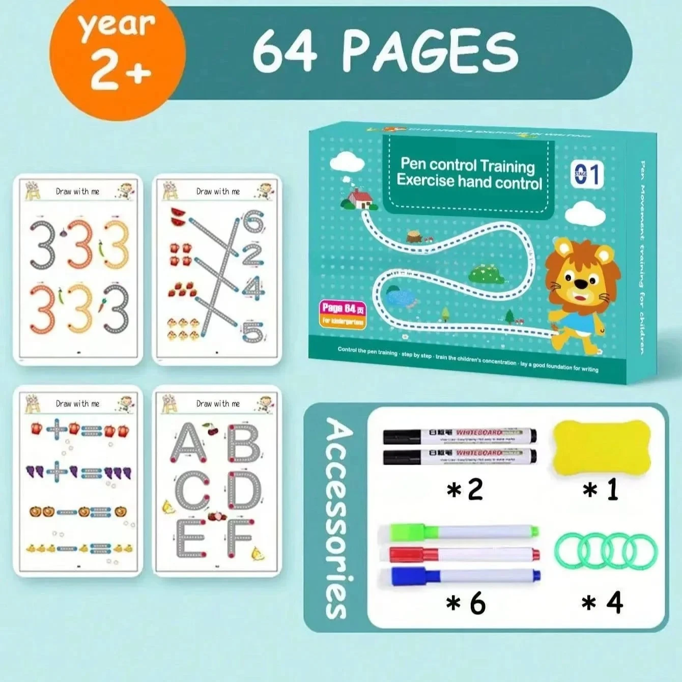 Pen Training Practice Set for Kids, Reusable Handwriting Workbook, Wipe-Clean Whiteboard, Alphabet Number Tracing Kit, Preschool Learning Activity Toy, Free Small Gift Included view 6